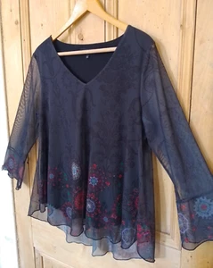 Desigual Size XXL Black Mesh Floral Long Sleeve Top Embellished Sparkle - Picture 1 of 16