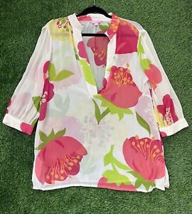 Lilly Pulitzer Floral Silk Blouse Top Sheer Gold Metallic Thread no Lining 10