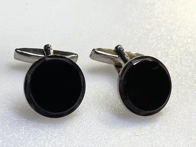 Abotoaduras vintage de prata esterlina 925 pedra preta redonda 9,50 g - Imagem 1 de 4