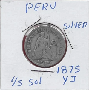 PERU 1/5 SOL 1875-YJ REPUB.PERUANA,SMALL WREATH ABOVE ARMS WITHIN SPRIGS,DATE BE - Picture 1 of 2