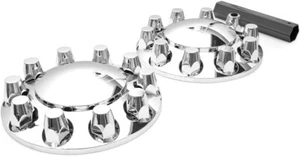2 Chrome ABS Front Axle Wheel Covers w/ Hub Cap 33mm Lug Nuts for Semi Truck - Picture 1 of 12
