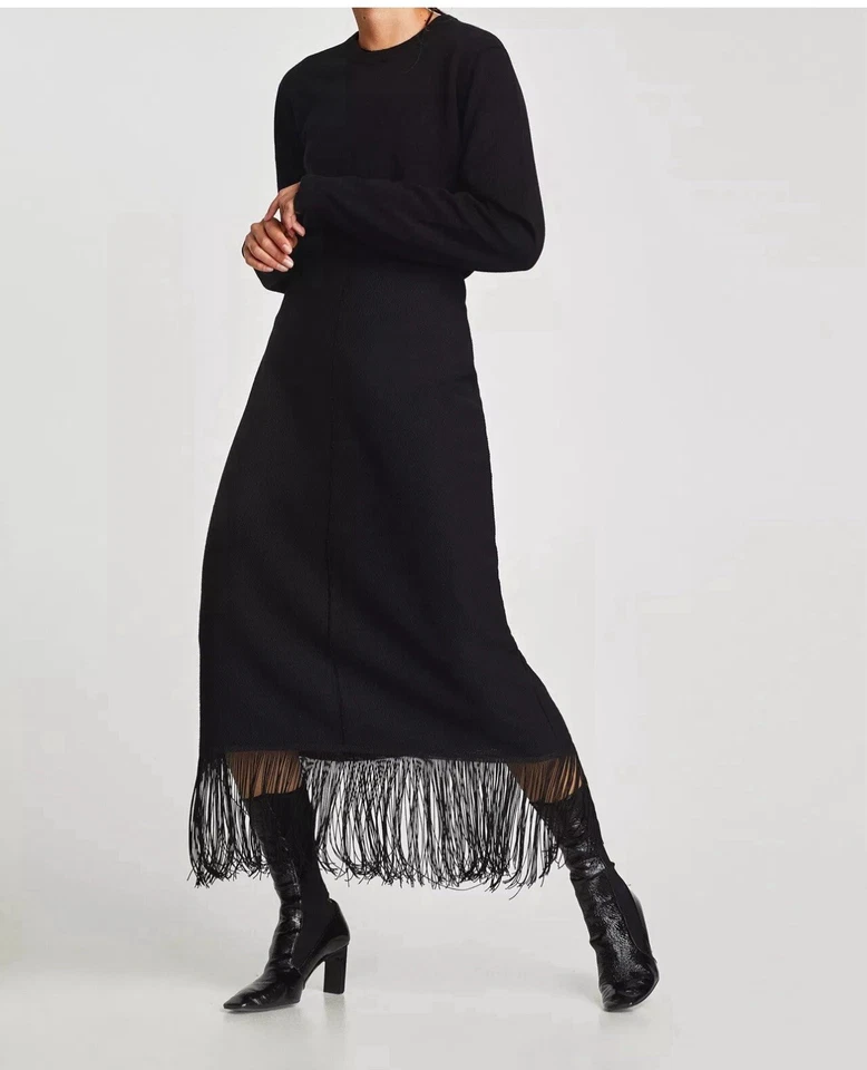 Falda midi ZARA para mujer pequeña negra flecos cintura elástica tirar boho chic Foto 1 de 4