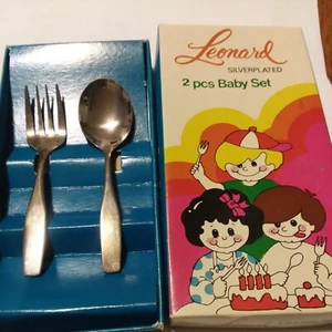 Baby Shower Leonard Silverplated 2 Pcs Baby Set Spoon And Fork Original Box - Picture 1 of 6