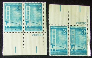 Two pairs, US 3c Stamp Scott #1109, Mackinac Bridge MNH 1958 with number - Picture 1 of 1