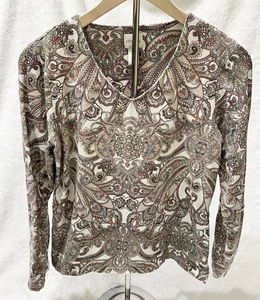 Chicos Paisley Top Damen Größe 1 US M Braun Langarm V-Ausschnitt Boho Chic Herbst - Bild 1 von 12