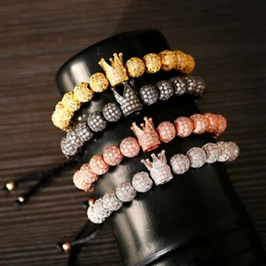 2023 Women Men Luxury Micro Pave CZ Ball Crown Braided Adjustable Bracelets - Picture 1 of 71
