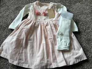 Mothercare Baby Girl Pinafore Dress Bodysuit Rabbit Pink Cream Tights 1-3m New - Picture 1 of 3