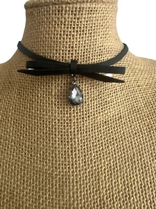 Black Faux Leather Choker Necklace Bow Teardrop Crystal Pendant Gunmetal Adj - Picture 1 of 4