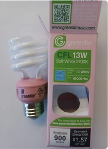 3 Greenlite CFL Soft White Light Bulb 13-Watt 60-W replacement 2700k Pink Base✅ - Picture 1 of 3