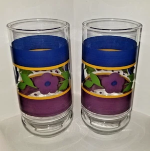 Libbey Bella Glasses Set of Two Blue & Lavender Flowers Blue With Purple 6 inch. - Picture 1 of 4