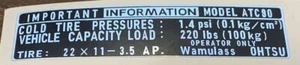 US90 ATC90 K0-K2 TIRE INFORMATION TAG REPLACES 87541-942-000 87541-942-010 D7193 - Picture 1 of 2