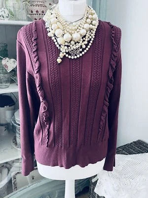 Oasis Size Xl Knitted Pullover Round Neck Frills Aubergine  - Image 1 of 4
