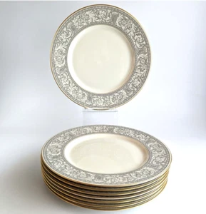 Eight Franciscan China Dinner Plates Renaissance Pattern Gray w/ Gold Gladding - Picture 1 of 7