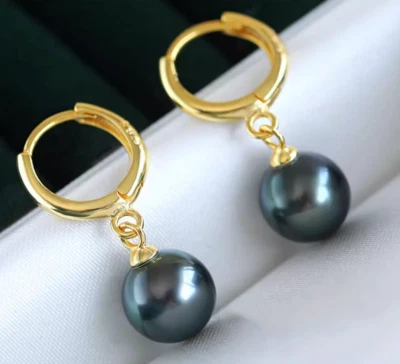 new AAA+ 10-9MM real natural round BLACK Tahitian PEARL EARRINGS 14K gold Dangle - Image 1 of 2
