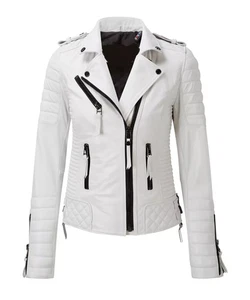Chaqueta de cuero blanca para mujer motociclista moto piel de cordero pura motocicleta ajuste a medida - Imagen 1 de 7