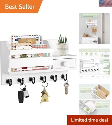 Key Holder Wall Mount Wooden Mail Organizer with Drawer Hooks Shelf White - Image 1 of 4