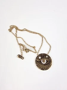 Collana con ciondolo moneta sole luna sole malocchio celeste acciaio placcato oro 18" 18 kt S. - Foto 1 di 5