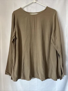 Blusa EILEEN FISHER Vintage Lavada Rayón Arrugado Manga Larga L/XL Moca - Imagen 1 de 7