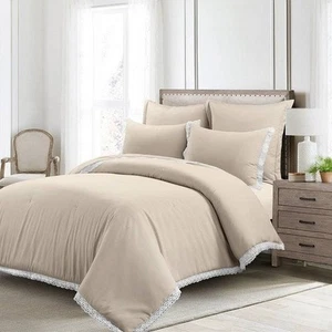 Full/Queen French Country Beige 5-Piece Lightweight Comforter Set w/ Lace Trim - Picture 1 of 3