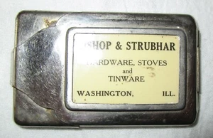 ANTQ POCKET MATCH SAFE HOLDER ADVERTISING BISHOP STRUBHAR HDWRE STOVES TINWARE - Picture 1 of 3