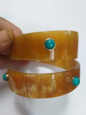 Brazalete Brazalete Cuerno de Búfalo Natural con Joyería Turquesa Pulsera Rizada Marrón Foto 1 de 4