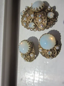 Vintage W. GERMANY Glass Ab Rhinestone Brooch Pin & Clip Earrings SET - Picture 1 of 5