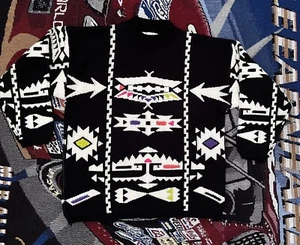 VINTAGE FARAGI SWEATER BLACK WHITE ACRYLIC AZTEC NATIVE PATTERN MEDIUM 90s - Picture 1 of 9