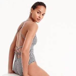 J. Crew Gingham Black & White Lace Up One Piece Swimsuit * Sz 6 * NWT - Picture 1 of 9