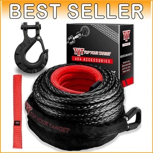 Synthetic Winch Rope 3/8" x 92' - 27000 lbs Strength, Hook & Protective Sleeve - Picture 1 of 9