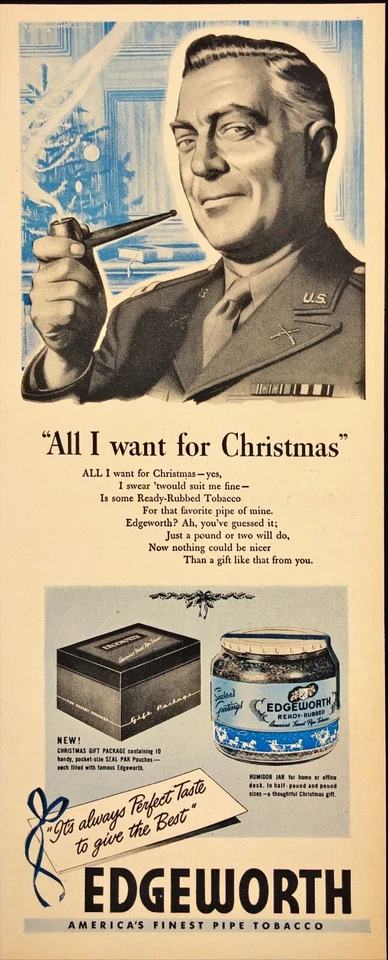 1943 Edgeworth Pipa Tabaco Navidad Militar Hombre Pipa para Fumar Segunda Guerra Mundial Anuncio Impreso Foto 1 de 4