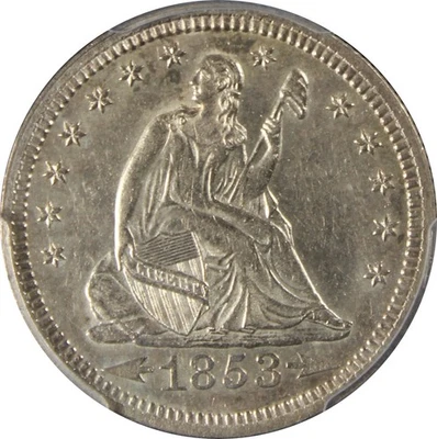 1853 AU58 Seated Liberty Quarter, Arrows and Rays, PCGS 33457408 - Image 1 of 4