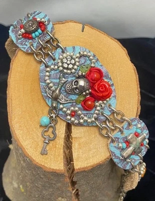 Leather Silver Turquoise Peridot Amber Coral Bracelet Cowgirl Boho - Image 1 of 4