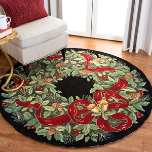 Vintage Poster Collection Area Rug - 2' Round, Black & Green, Handmade Christmas - Picture 1 of 4