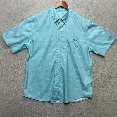 Huk Fishing Short Sleeve Shirt Teal Mens M Button Dn Vented Holes All Over Print - Image 1 of 4