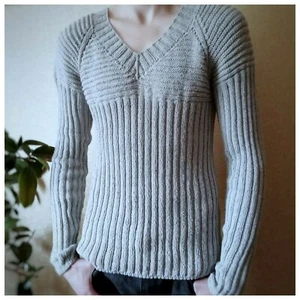Gray Tweed Cotton Knitted Hand Men Sweater Handmade Pullover Raglan Elastic 80's - Picture 1 of 12
