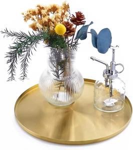 FREELOVE Gold Tray, Round Brass Serving Platter, Bar Circle Decorative Plate, 12 - Picture 1 of 7