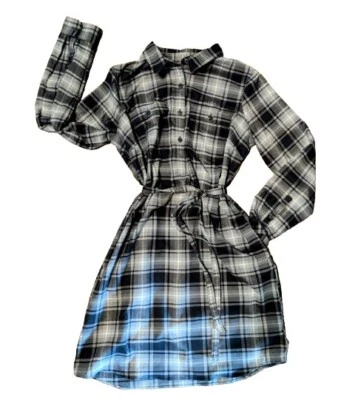 Eddie Bauer Flannel Shirt Dress Gray Plaid Tie Belt 10 Pockets Preppy Classic - Image 1 of 4