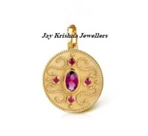 14K Gold Ruby Gemstone Medallion Disc Gold Coin Handmade Wedding Gift Necklace - Picture 1 of 3