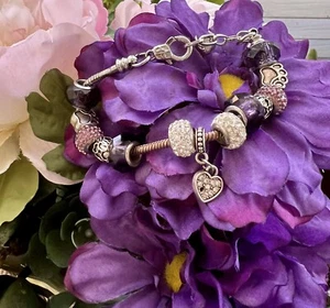 Charm Bracelet Silvertone Purple Pink Clear Rhinestones Puppy Charms 8” EUC Gift - Picture 1 of 8
