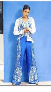 ZARA Satin High Waist Printed Blue and White Pants – Size 5 – NWOT - Picture 1 of 10