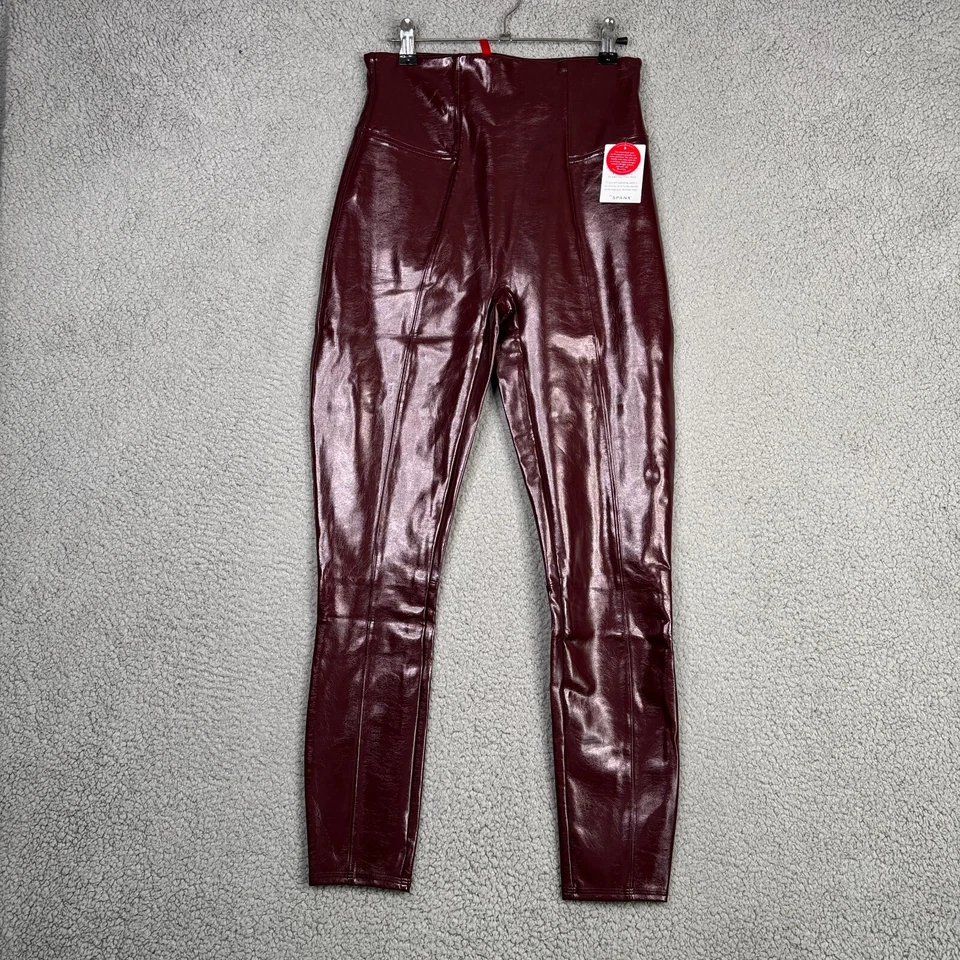 SPANX Leggings Women's Size Medium Ruby Red Faux Patent Leather High Rise Ankle