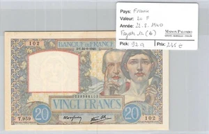 Ticket France - 20 Francs Work And Science - 22.8.1940 - N°023968102 - Pick92a - Picture 1 of 2