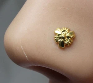 Tiny Flower Indian Nose Stud Gold plated nose ear ring, Push Pin nase stud 18g - Picture 1 of 3