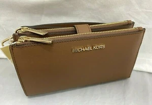 Neu Michael Kors Gepäck Braun Leder Doppelreißverschluss Geldbörse Kalbsleder - Bild 1 von 4