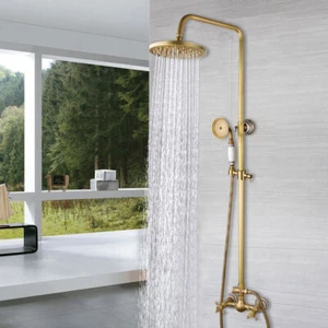 8" Antique Brass Bathroom Round Rainfall Shower Head Tap Spray Mixer Faucet Set - Picture 1 of 11