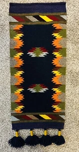 Hand Made Purple Blue Geometric Woven Wool Tapestry Tassels Wall Hanging Ecuador - Picture 1 of 8