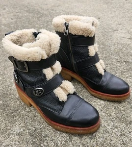 Coach Preston Black Leather Shearling Moto Biker Heeled Boots Buckle 7.5B Zip Up - Picture 1 of 12