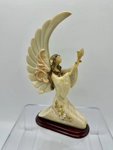 Kneeling Angel Carved Resin Figurine Wood Base Vintage Large Wings Floral Accent - Picture 1 of 9