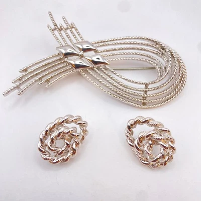 PENDIENTES BROCHE MONET Vintage Cinta Cuerda Conjunto Joyería Mediados Siglo Plata Rodio Foto 1 de 4
