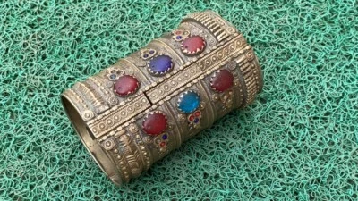 Ancient Old Brass Stone Work Hand Bracelet Cuff Bangle Tribal Jewellery Kada  - Image 1 of 4